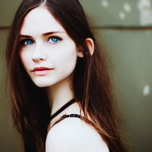 Prompt: “ fashion model long brown hair blue eyes looking into lens heavy bokeh modern fashion look ”