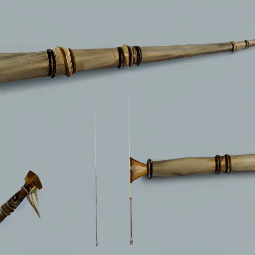 Prompt: fishing rod from a fantasy video game, white background, museum presentation