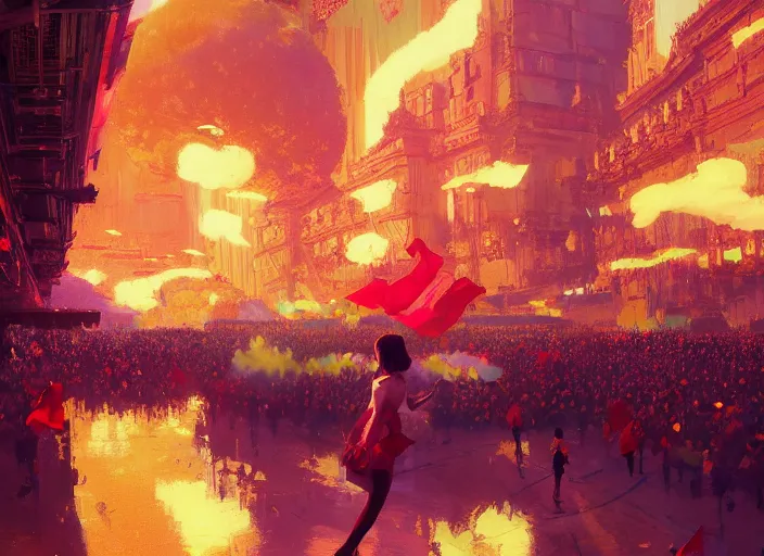 Prompt: gorgeous bright girl waving a red flag over her head running through Mandelbrot fractal crowd by Craig Mullins, ilya kuvshinov, krenz cushart, artgerm trending on artstation by Edward Hopper and Dan Mumford and WLOP and Rutkovsky, Unreal Engine 5, Lumen, Nanite