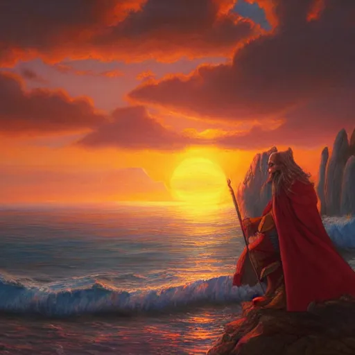Prompt: A wizard in colorful robes looks out to sea at sunset, in the style of Justin Gerard,