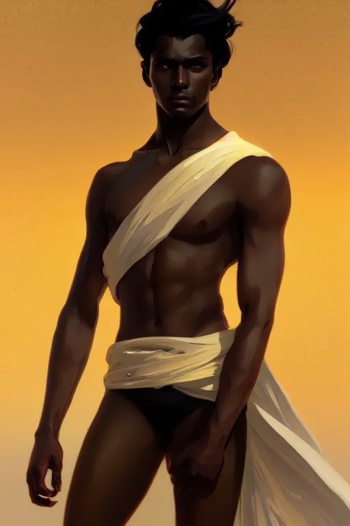 Prompt: full figure beautiful young fit dark skin man, dressed with expensive clothes, luminous scene, by greg rutkowski and alphonse mucha, d & d character, gradient white to gold, in front of a dune desert background, highly detailed portrait, digital painting, artstation, concept art, smooth, sharp focus illustration, artstation hq