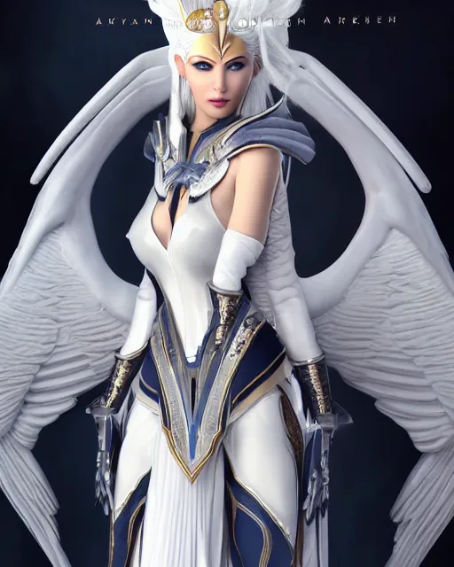 Image similar to perfect white haired egyptian goddess wearing white dove wings, warframe armor, regal, attractive, ornate, sultry, beautiful, charlize theron, half asian, pretty face, blue eyes, detailed, scifi platform, 4 k, ultra realistic, epic lighting, cinematic, masterpiece, art by akihito tsukushi, voidstar, trending on artstation