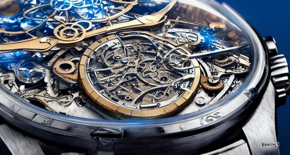 Image similar to a futuristic steampunk watch lying on a table, high detail, sharp focus, glowing blue interior components, fractal detail, depth of field, bokeh, cinematic lighting and composition, by syd mead and greg rutkowski and android jones, rolex