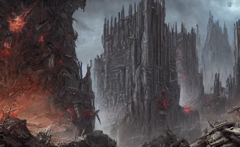 Prompt: hyperdetailed matte painting n evil wretched structure created by mysterious beings, towering over ruins down below. trending on artstation, doom eternal, dark souls, wayne barlow