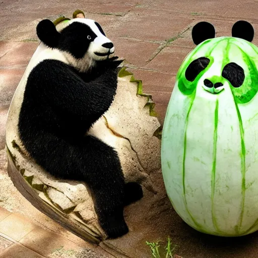 Prompt: watermelon carved to reveal a panda. the green watermelon rind defines its feet. the red flesh of the watermelon forms its body.