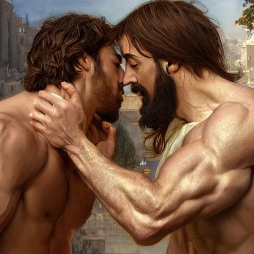 Prompt: jesus kissing a sensual muscular man in jerusalem, elegant, highly detailed, digital painting, artstation, concept art, matte, sharp focus, highly detailed, 4 k, hdr, smooth, sharp focus, high resolution, award - winning photo, photorealistic, art by artgerm and greg rutkowski and alphonse mucha, large shot