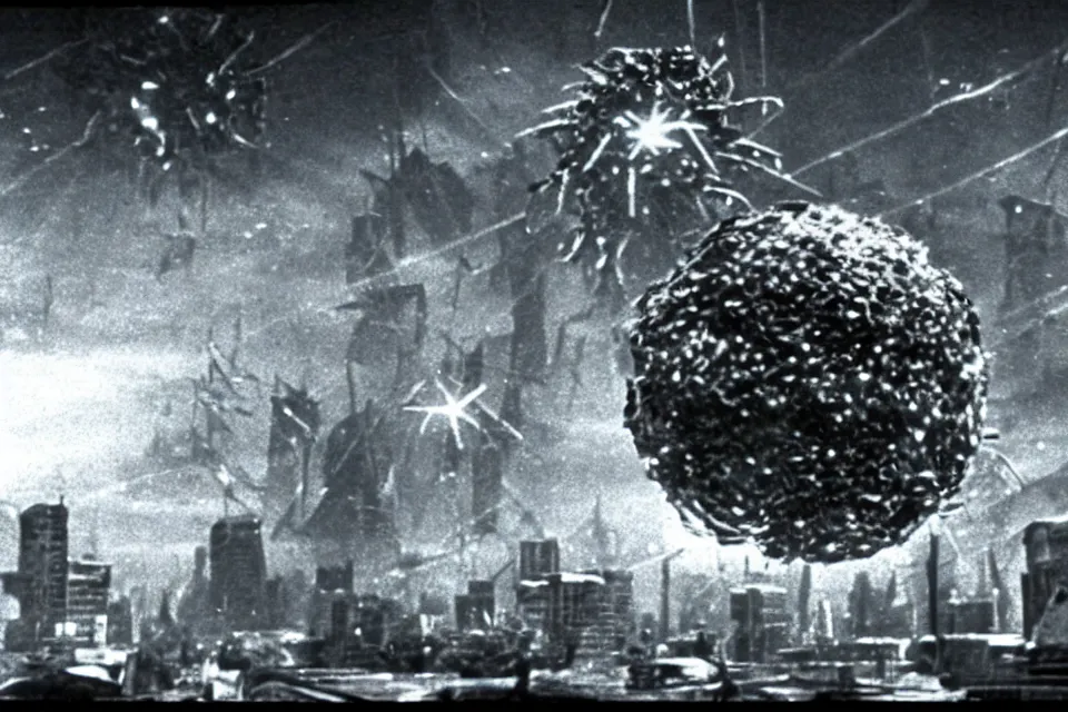 Prompt: still image taken from sci fi horror movie of a giant icosahedral phage attacking a city. low camera angle. 1 9 6 0.