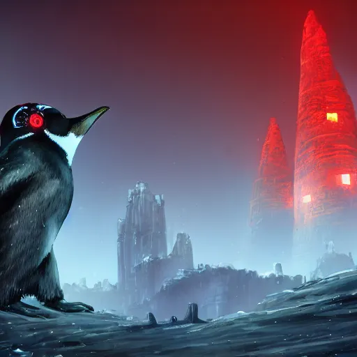 Prompt: penguin with red glowing eyes in the foreground, eternal necropolis tower in the background, guild wars 2 art style