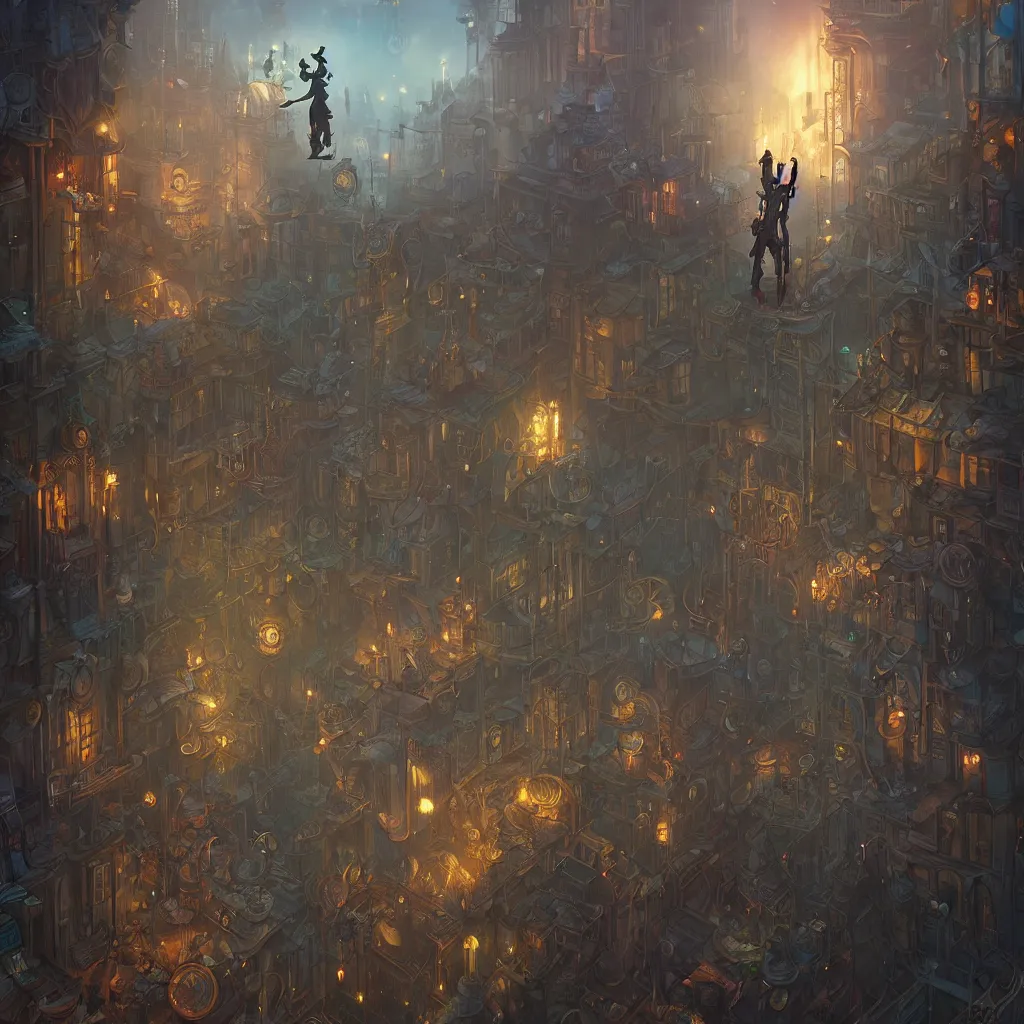 Image similar to tarot the fool standing in a steampunk city by peter mohrbacher and dan mumford and nekro, cgsociety, volumetric light, 3 d render