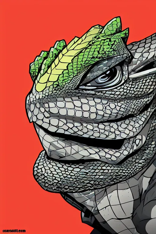 Image similar to bearded dragon grogu marvel comics style, gray scales, anime, hd,