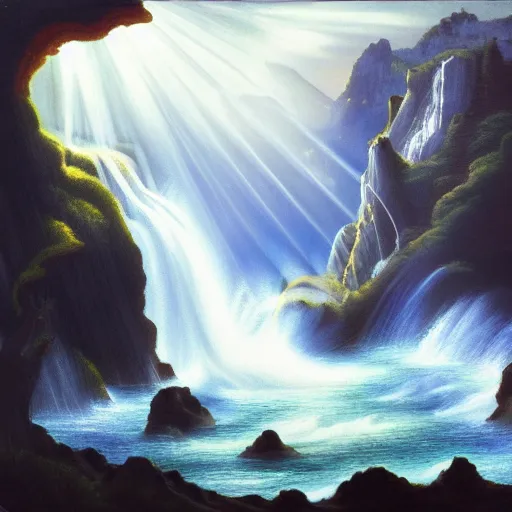 Image similar to oil painting of a dragon flying in the air near a cave with a waterfall in the center, light emanating from the waterfall leading to a big pool of water, dragon has black and white stripes, elegant, sharp focus, wide shot, clear, detailed, early renaissance