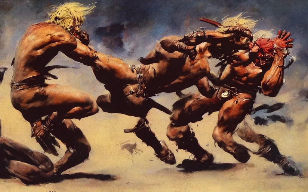 Image similar to frank frazetta painting of a brutal fight between a panther and a warrior with blond hair, oilpainting, smooth,