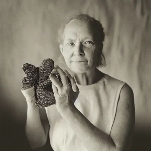 Image similar to a portrait of a woman made entirely of hands and fingers, soft sunlight dappling on her, she holds a hand puppet, in ancient airy building, award-winning photo