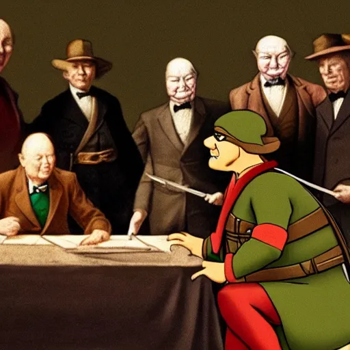 Prompt: Photoreal depiction of Leonardo from TMNT signing a peace treaty with Winston Churchill, in Parliament