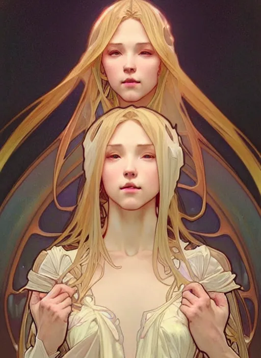 Prompt: digital character concept art by artgerm and greg rutkowski and alphonse mucha. clear portrait taken in 2 0 2 2 of a young wife blessed by god to uncontrollably become overwhelmingly perfect!! blonde, clothed! obviously feminine holy body!! light effect. hyper detailed, glowing lights!! intricate, elegant, digital painting, artstation, smooth, sharp focus