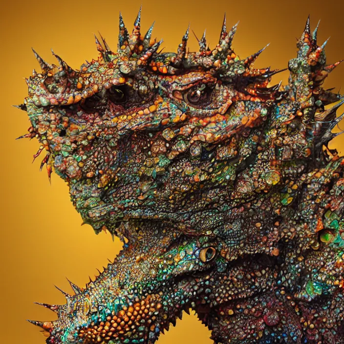 Prompt: a realistic portrait of an intricately detailed thorny devil lizard on a woman's body, colorful - patterns, cyber - punk background, professional studio lighting with subtle shadows, hyper realism, art by android jones, blender cycles render, 8 k high octane