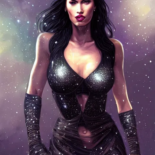 Image similar to portrait of megan fox wearing a black dress with galaxy lights and stars, sultry muscular body, fantasy, intricate, elegant, highly detailed, digital painting, artstation, concept art, matte, sharp focus, perfect face symmetry, illustration, art by aenaluck and roberto ferri and greg rutkowski, epic fantasy, digital painting