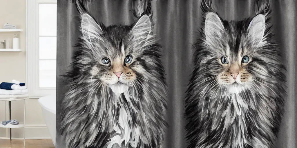 Image similar to shower curtain product catalog. on the curtain is a watercolor with ink under drawing of a maine coon kitten. wide - angle product photography, product lighting. 4 k, highly detailed. saturated.