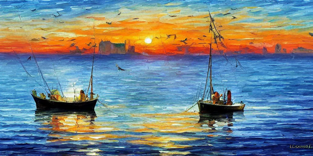 Image similar to rising sun ( ( ( fishing cormorant, fishing boat ) ) ) on the naples bay, by leonid afremov and moebius