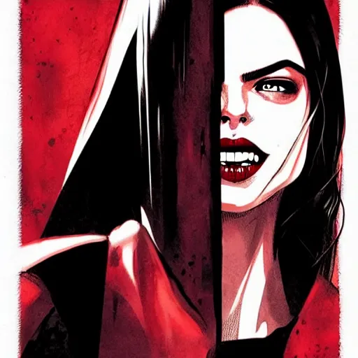 Image similar to Rafael Albuquerque comic cover art, loish, pretty female Samara Weaving vampire, very sharp vampire fangs teeth, blood on face face, sarcastic smile, symmetrical eyes, symmetrical face, brown leather jacket, jeans, long black hair, middle shot, highly saturated, deep blacks