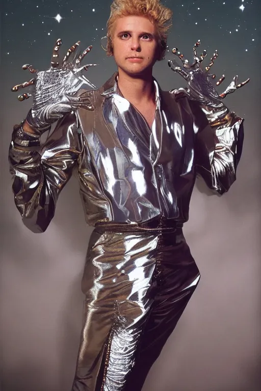 Image similar to portrait davis taylor brown dressed in 1 9 8 1 space fantasy fashion, new wave, shiny metal, standing in a desert