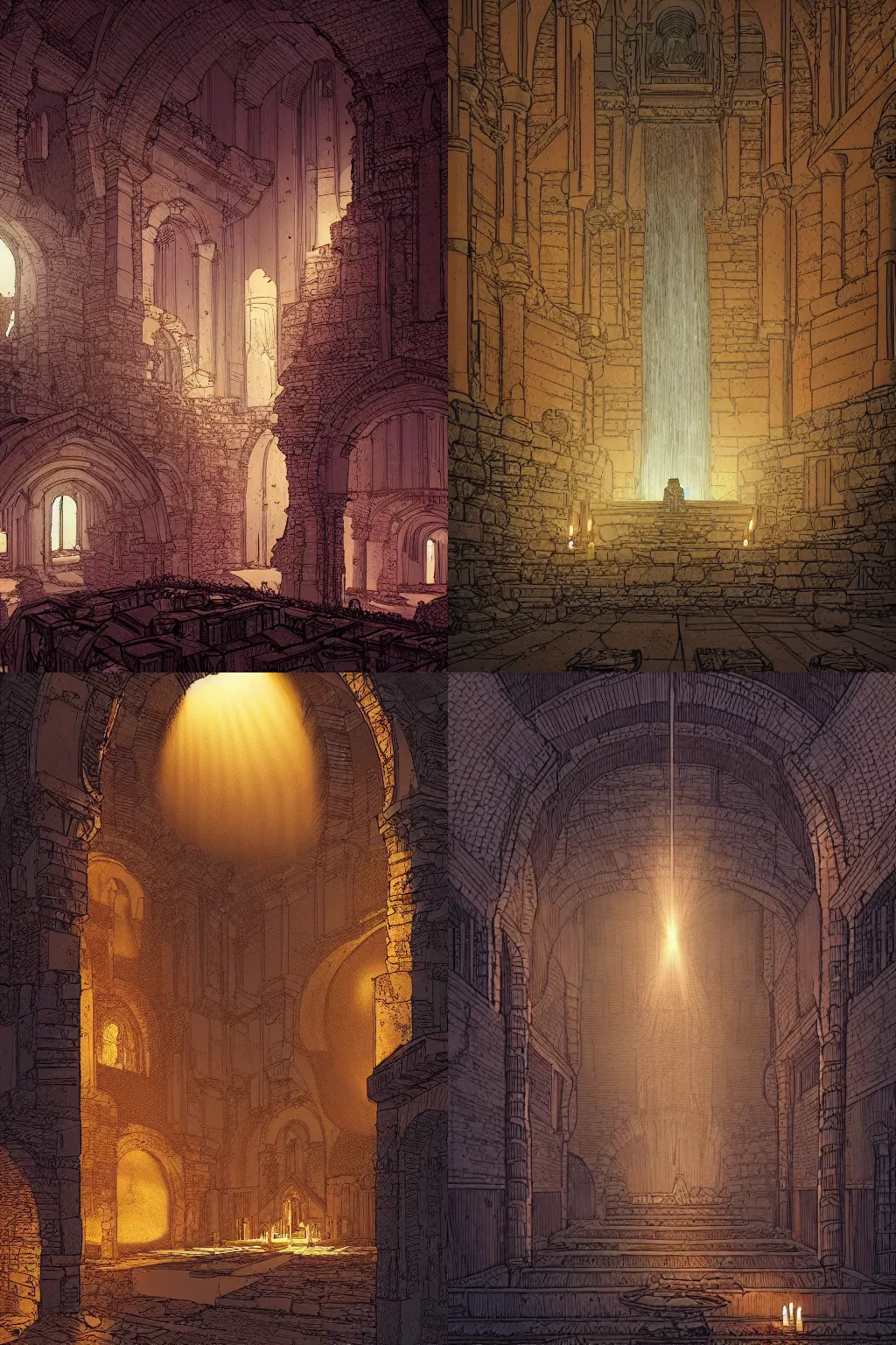 Prompt: detailed interior of monastery ruins in style of moebius and laurie greasley, waterfall walls, light of god, light shafts, candles, cinematic lighting, masterpiece, atmospheric