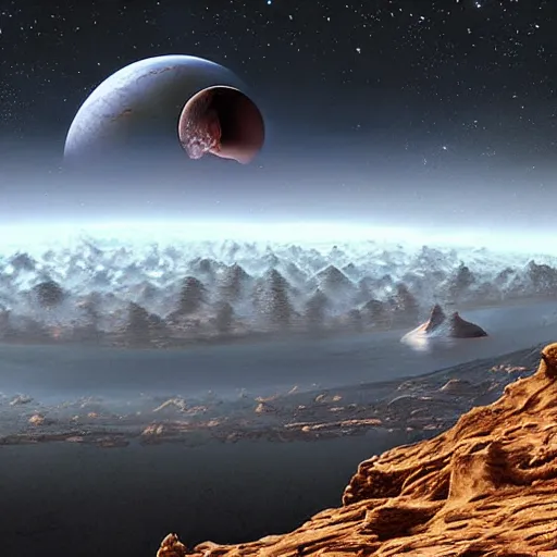 Image similar to an amazing scenic view from an alien world, photo. Hyperrealism