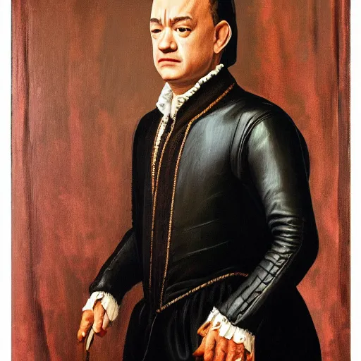 Image similar to a stunning jacobean portrait of tom hanks, oil on canvas