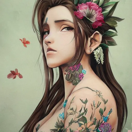 Image similar to concept art of aerith gainsborough with tattoos, amongst flowers, high quality, detailed, trending on artstartion