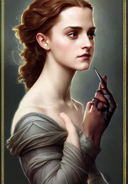 Prompt: sansa emma watson, intricate, elegant, highly detailed, digital painting, artstation, concept art, smooth, sharp focus, illustration, art by artgerm and greg rutkowski and alphonse mucha and william - adolphe bouguereau