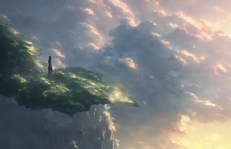 Prompt: makoto shinkai concept art of the cloud cliff dimension, key visual, ambient lighting, highly detailed, digital painting, artstation, concept art, sharp focus, by makoto shinkai and akihiko yoshida and hidari and wlop and greg rutkowski