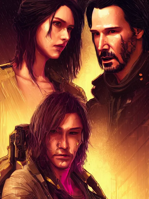 Prompt: a cyberpunk 2077 couple portrait of Keanu Reeves and V,love story,film lighting,by laurie greasley,Lawrence Alma-Tadema,William Morris,Dan Mumford,trending on atrstation,FAN ART,full of color,Digital painting,face enhance,highly detailed,8K, octane,golden ratio,cinematic lighting