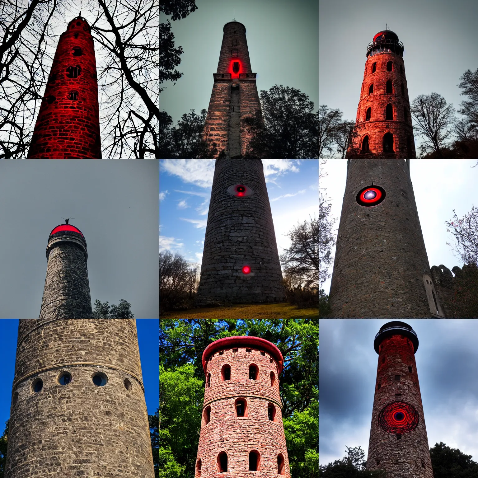 Prompt: high round tower made of stone, huge red evil eye at the top of tower, atmosphere, lighting