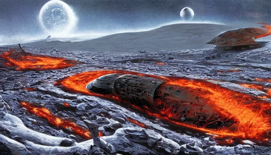 Prompt: a crashed spaceship on the surface of an ice planet with lava rivers, art by Jim Burns