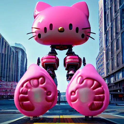 Image similar to a beautiful hyperrealistic ultradetailed 3D render of a hello kitty shaped mecha standing in the city, by brian sum and stephen martiniere and Antonio Manzanedo. mech, dragon, unreal engine, octane render, PBR, 3D, brilliantly colored, intricate, wide angle, volumetric lighting, polished, path tracing