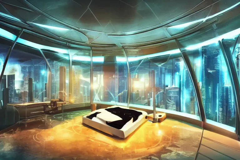 Image similar to a futuristic bedroom with large curved ceiling high windows looking out to a far future cyberpunk cityscape, cyberpunk neon lights, raining, scifi