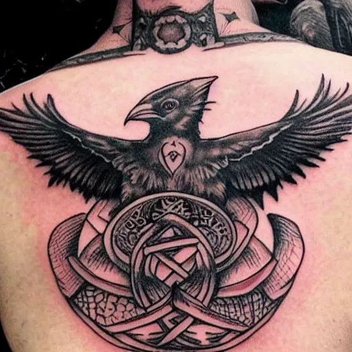 Image similar to raven mystic occult, symbolism mythos, highly detailed line tattoo, real tattoo, realistic realism, design concepts