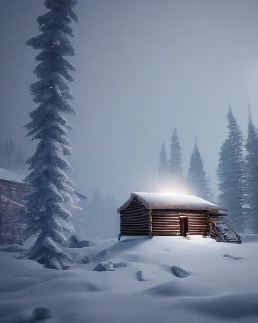 Prompt: cabin in snowstorm, yeti in distance, hyper realism, cinematic, dramatic ambient lighting, high detail, octane render, unreal engine, 8 k, vibrant colors, high contrast, depth of field, concept art, 3 d render, digital art, deviantart artstation, ray tracing, intricate complexity, extremely detailed,