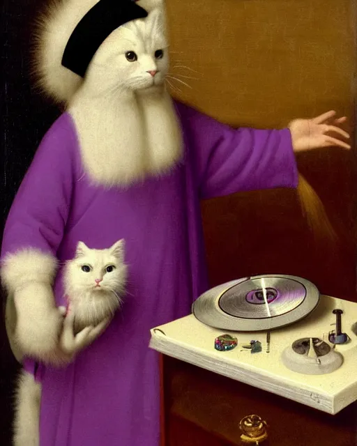 Image similar to a youthful fool in purple robes and a purple jester hat, holding a cute fluffy white cat, listening to records on a turntable, oil on canvas, by ambrosius benson