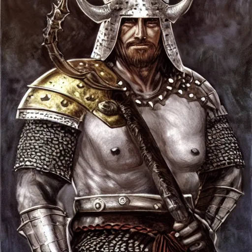 Prompt: Portrait of Conan the conqueror , in a horned helmet, scant chainmail armor, wielding an axe, muscular male, fantasy, extremely detailed, mixed media comic book style illustration, artstation, fantasy art, sharp focus, perfectly symmetrical facial features, intimate lighting, art by Frank Frazetta, Simon Bisley and Bill Sienkiewicz , hyperrealism, dark fantasy, foreboding atmosphere, perfect ratio, hyperdetailed, highest resolution, heavily detailed and complex