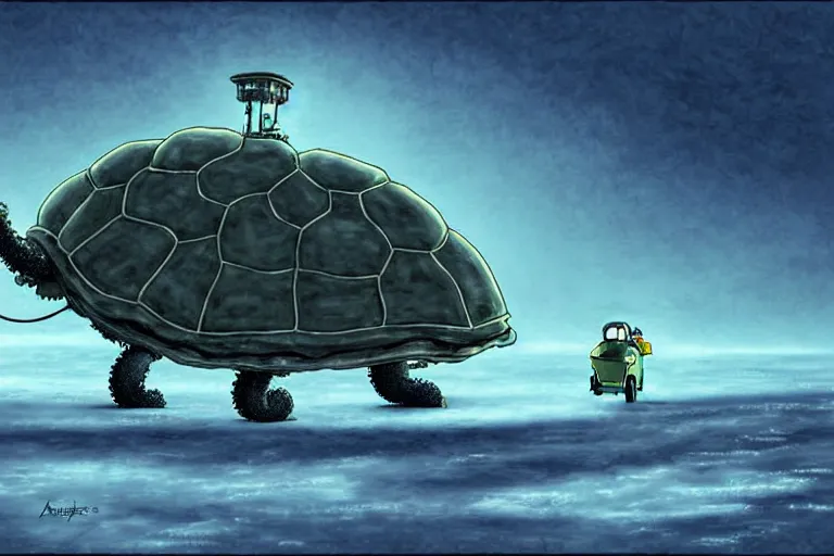 Image similar to cell shaded cartoon of a giant lovecraftian mechanized turtle from howl's moving castle ( 2 0 0 4 ), on an icy road in the mist, full body, wide shot, very muted colors, post grunge, studio ghibli, highly detailed, deviantart, art by artgem