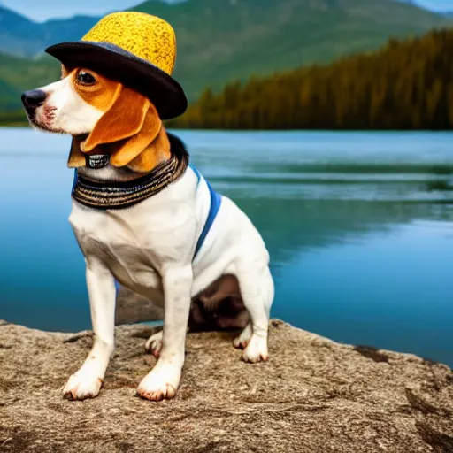 Prompt: beagle wearing a hat in front of a lake, realistic, high definition