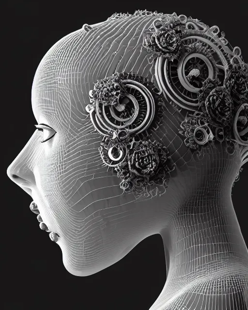 Image similar to mythical dreamy black and white organic bio-mechanical spinal ribbed profile face portrait detail of translucent steampunk beautiful female angelic-human-queen-vegetal-cyborg, highly detailed, intricate trnaslucent ivy jelly ornate, poetic, translucent roses ornate, 3D render, digital art, octane render, 8K artistic photography, photo-realistic, by Dora Maar