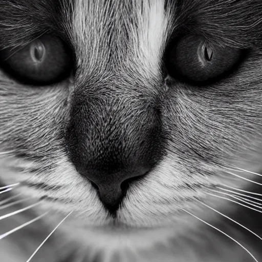 Image similar to fluffy black and white cat portrait, dilated pupils, white fur under eyes, aesthetic highly detailed soft fur, professionally shot photorealistic 8k photograph, 35mm Canon EOS R3, rendered in octane, by Natalie Große and Jason Allison