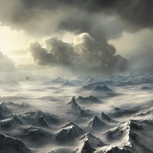 Prompt: world covered with enormous clouds, thru clouds there is slightly visible ice covered world, matte painting, concept art, illustration highly detailed artwork cinematic hyper realistic