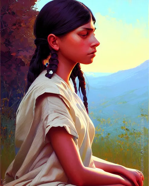 Image similar to stylized portrait of an artistic pose, composition, young indigenous girl, realistic shaded, fine details, realistic shaded lighting poster by ilya kuvshinov, magali villeneuve, artgerm, jeremy lipkin and michael garmash and rob rey