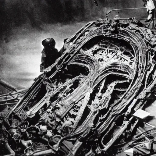 Image similar to scientists discovering an alien wreckage for the first time, 1 9 2 0's sci - fi, black and white, 8 k, highly ornate intricate details, extreme detail,