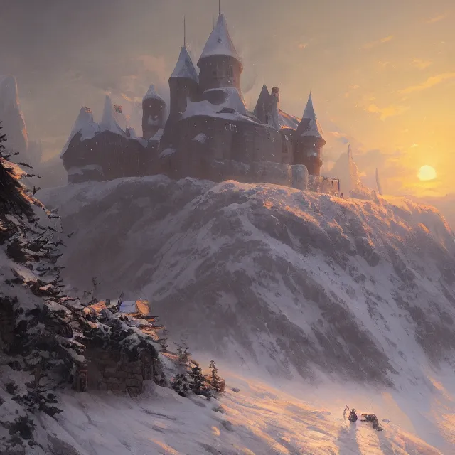 Prompt: a painting of a castle in the middle of a snowy mountain, a detailed matte painting by andreas rocha and greg rutkowski, sunset, featured on artstation, fantasy art, matte drawing, matte painting, artstation hq