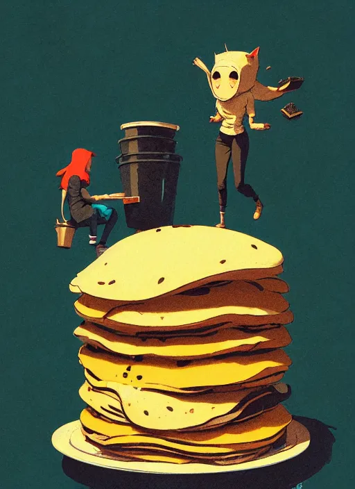 Image similar to highly detailed portrait of a huge stack of pancakes by atey ghailan, james gilleard, by joe fenton, by greg rutkowski, by greg tocchini, by kaethe butcher, 4 k resolution, gradient yellow, black, brown and cyan color scheme, grunge aesthetic!!! ( ( dystopian graffiti tag wall in background ) )