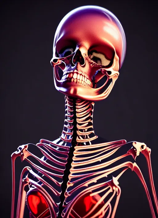 Image similar to portrait of an absurdly beautiful, graceful, sophisticated, fashionable futuristic female skeleton with sections of skin showing, glowing internal light, hyperdetailed illustration by irakli nadar and alexandre ferra, intricate linework, faberge, intricate chrome headdress, dark atmosphere, glowing red eyes, unreal engine 5 highly rendered, global illumination, radiant light, detailed and intricate environment